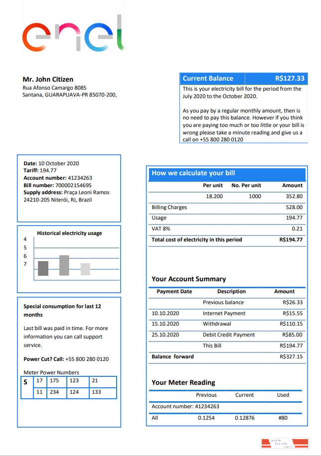 Brazil ENEL electricity utility bill template in Word and PDF format